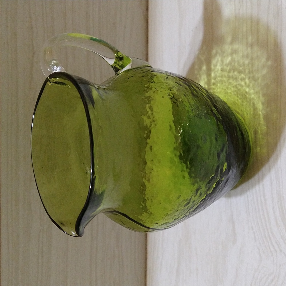 Vintage Pilgrim Glass Hand Blown Olive Green Small Glass Pitcher